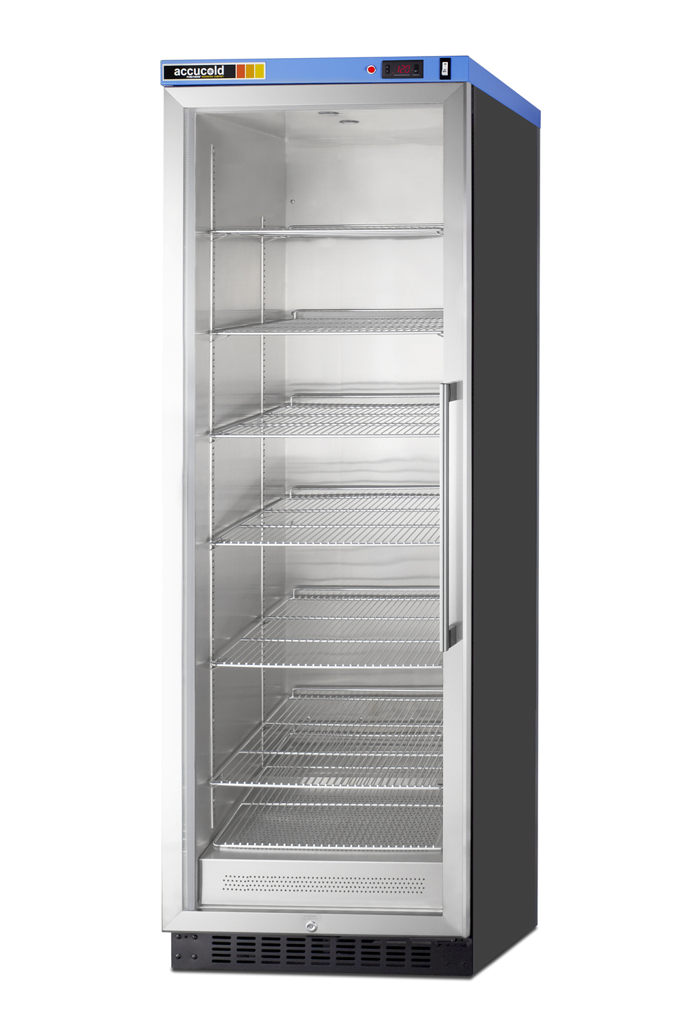 Single chamber passive heating blanket warmer with a self-closing glass door, stainless steel interior, digital thermostat, black cabinet, and lock